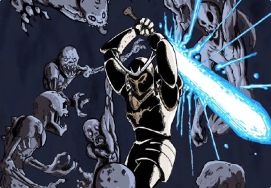 Image of a knight chopping some ghouls with a glowing sword from Blightbringer graphic novel