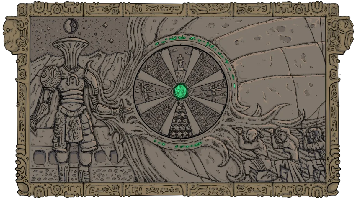 An ancient stone mural depicting a story from the Blightbringer graphic novel