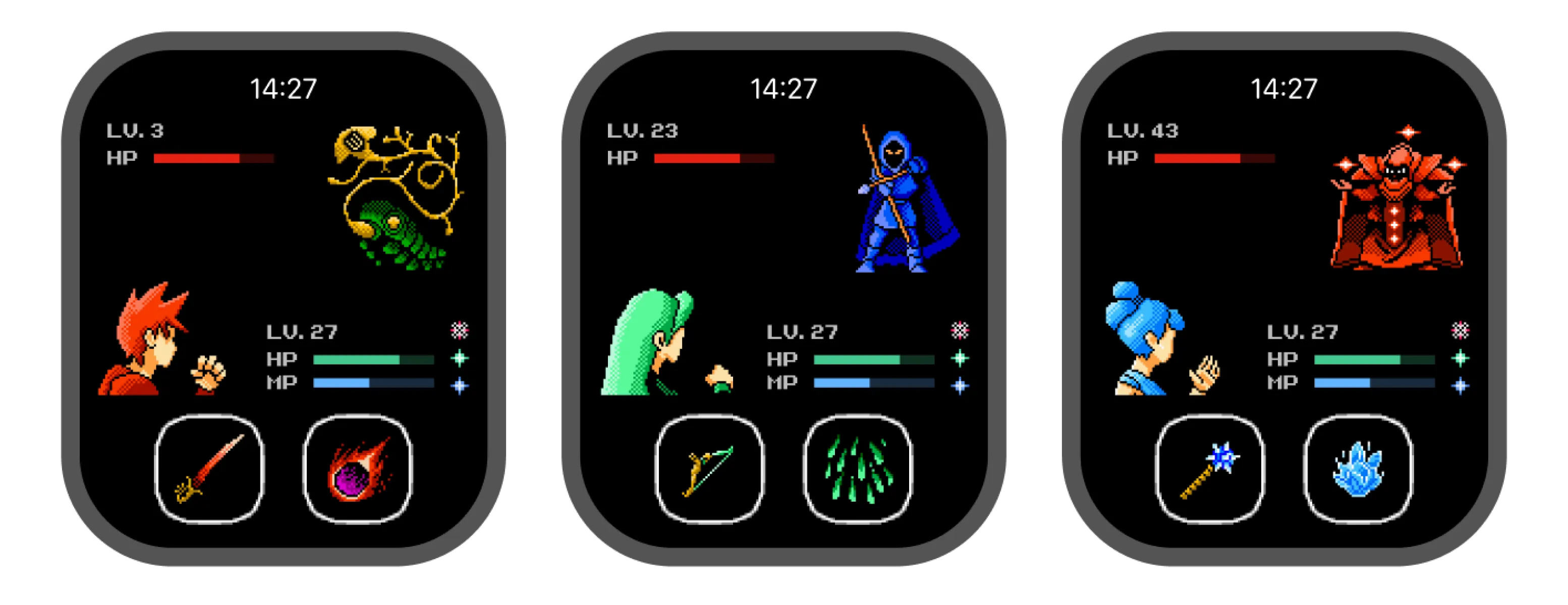 Three Wrist Warriors battle screens with different allies and enemies